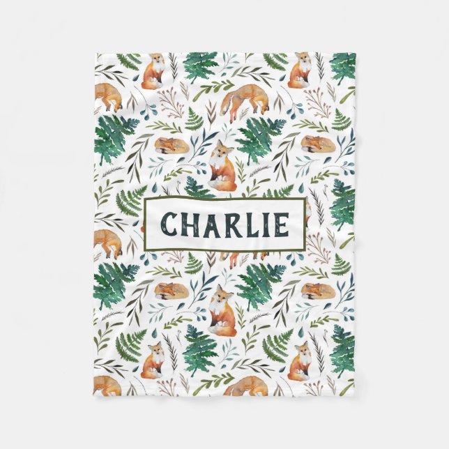 Couverture Polaire Blanche personnalisée Fox, Ferns et Feuilles (Devant)