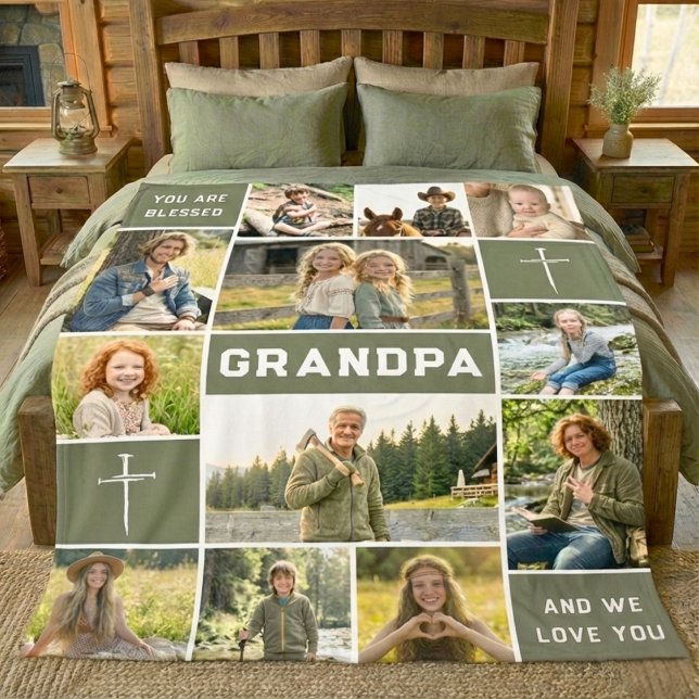 Couverture Polaire Blessed Loved Grandpa 12 Photo Collage Custom Text (Créateur téléchargé)