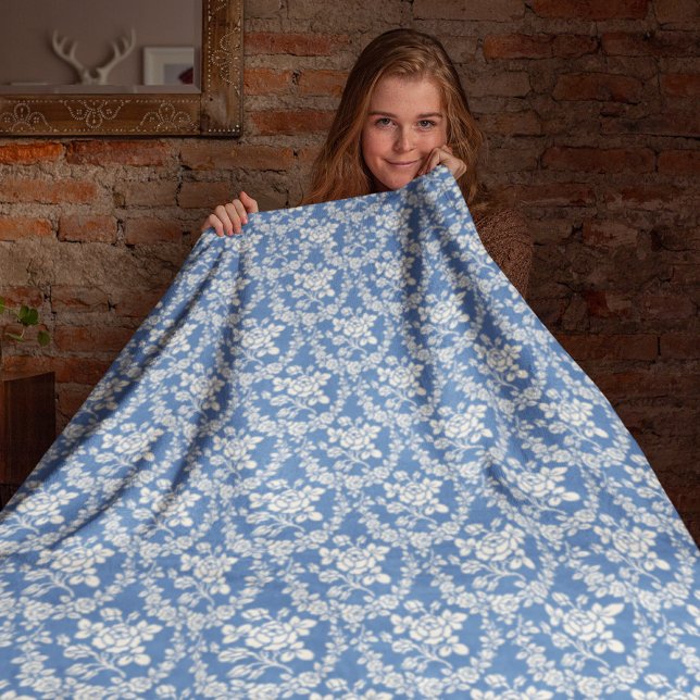 Couverture Polaire Bleu Blanc Floral Motif Botanique Chic (Créateur téléchargé)