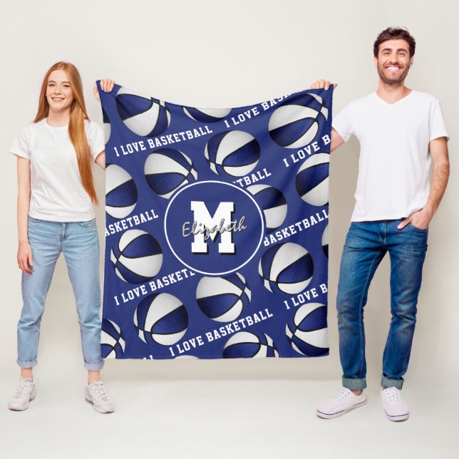 Couverture Polaire bleu blanc J'aime basketball équipe couleurs (En situation)