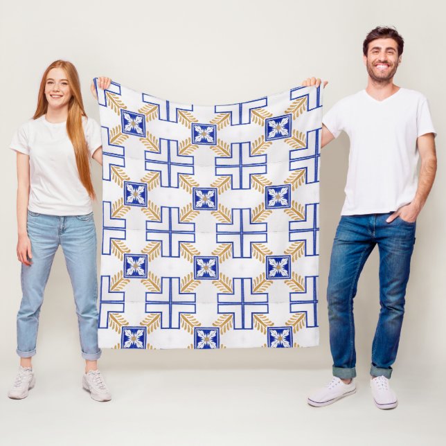 Couverture Polaire Bleu Blanc Jaune Azulejo Portugais Carreaux Motif (En situation)