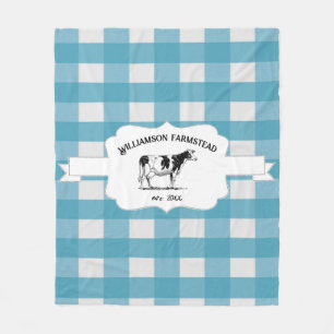Couverture Polaire Bleu Buffalo Plaid Farm Cow Fleece Blanche