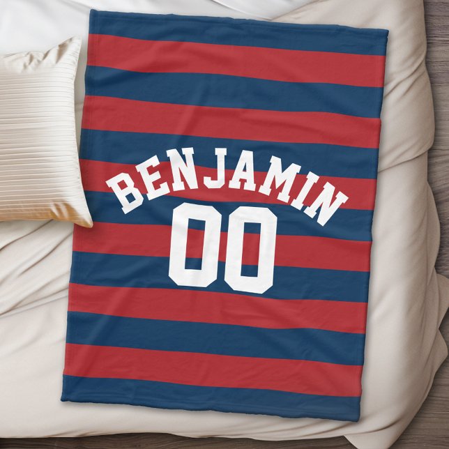 Couverture Polaire Bleu et rouge de la Marine Rugby Numéro de nom (Personalized fleece blanket - Sports Theme)