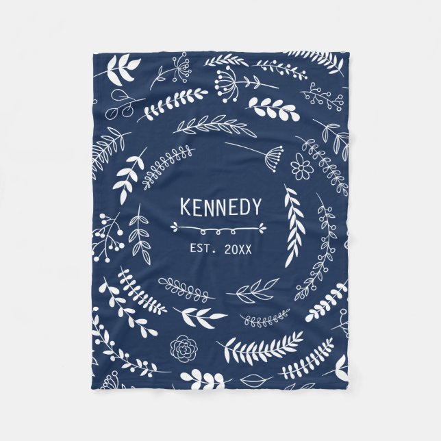 Couverture Polaire Bleu foncé Blanc Feuille Floral Monogramme Motif (Devant)