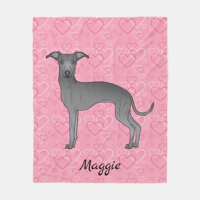 Couverture Polaire Bleu Italien Greyhound Chien mignon Sur Coeur Rose (Devant)