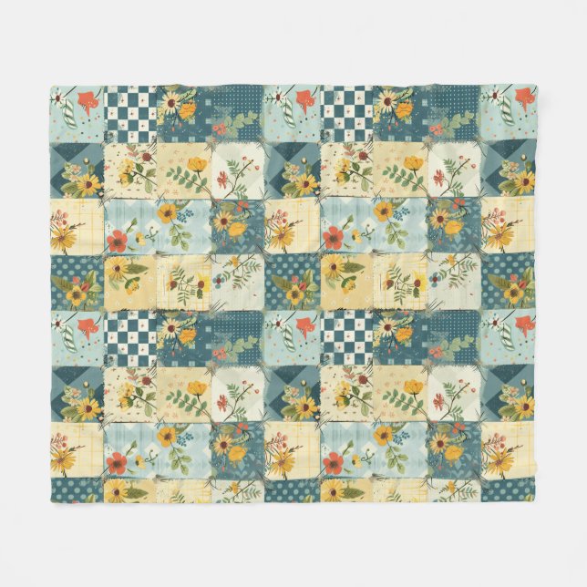 Couverture Polaire Bleu Jaune Vert Courtepoint Patchwork Gingham Flor (Devant (Horizontal))