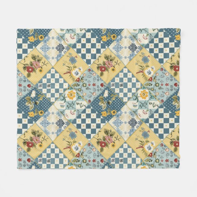 Couverture Polaire Bleu Jaune Vert Courtepoint Patchwork Gingham Flor (Devant (Horizontal))