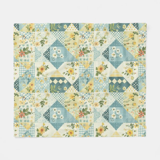 Couverture Polaire Bleu Jaune Vert Courtepoint Patchwork Gingham Flor (Devant (Horizontal))