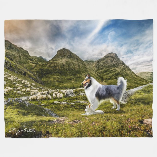 Couverture Polaire Bleu Merle Collie Herbe à moutons - Personnalisé (Devant (Horizontal))