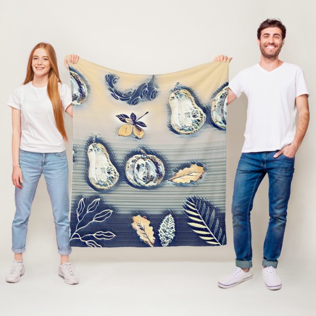 Couverture Polaire bleu rougeâtre Citrouille et feuille d'automne (En situation)