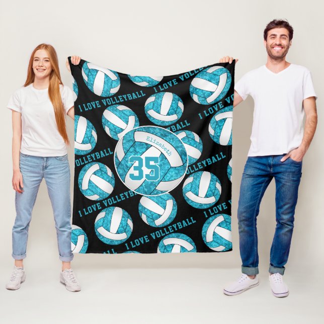 Couverture Polaire bleu turquoise blanc J'aime volleyball girly (En situation)