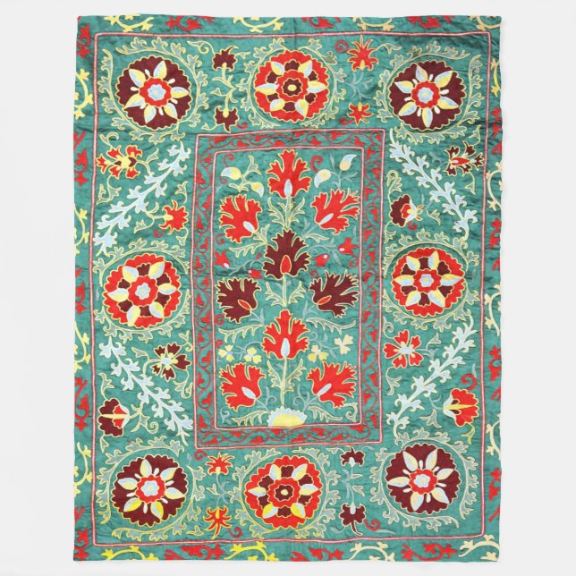 COUVERTURE POLAIRE BLEUE ROUGE BLANC ANTIQUE BLANCHE FLORALE UZBEK EM (Devant)