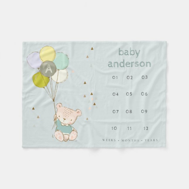 Couverture Polaire Blue Bear Balloon Garçons Monogram Baby Milestone (Devant (Horizontal))