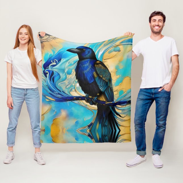 Couverture Polaire Blue Black Raven, bleu et or abstrait (En situation)