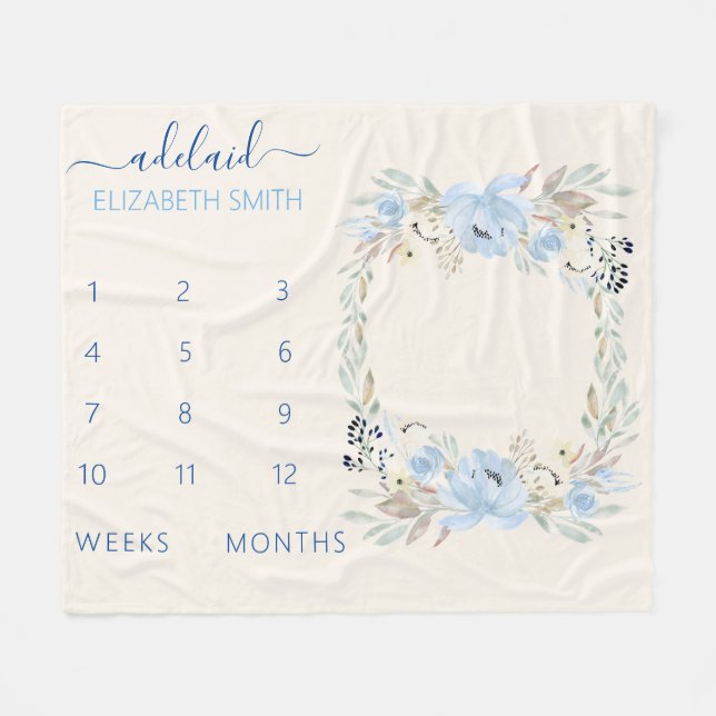 Couverture Polaire Blue Floral Baby Girl Milestone Blanket (Devant (Horizontal))
