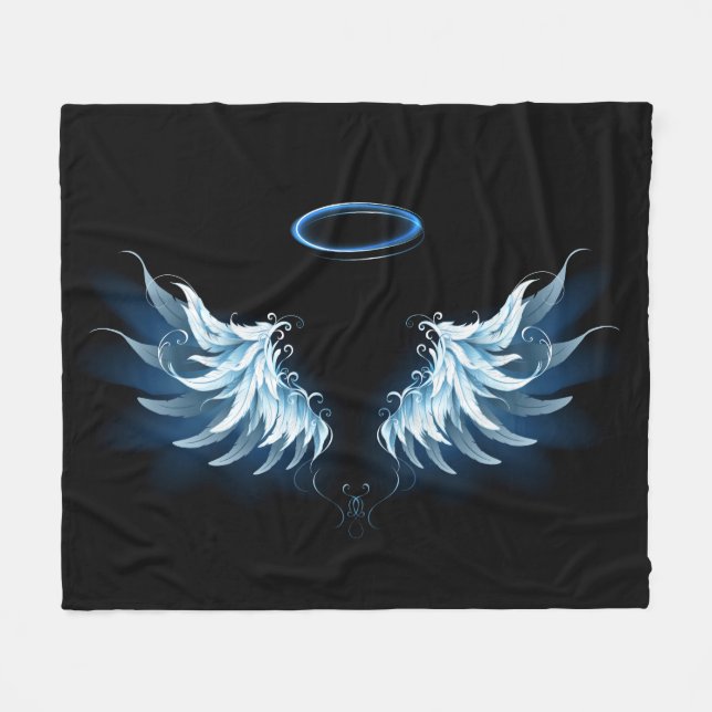 Couverture Polaire Blue Glowing Angel Wings on black background (Devant (Horizontal))