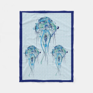 Couverture Polaire Blue-Green Retro Jellyfish Over Blue Background