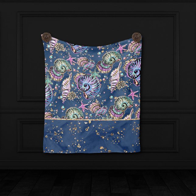 Couverture Polaire Blue Luxe sous-marin | Coquillages d'or Pastel (Créateur téléchargé)