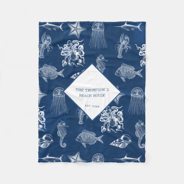 Couverture Polaire Blue Ocean Marine Animaux Motif Beach House (Devant)
