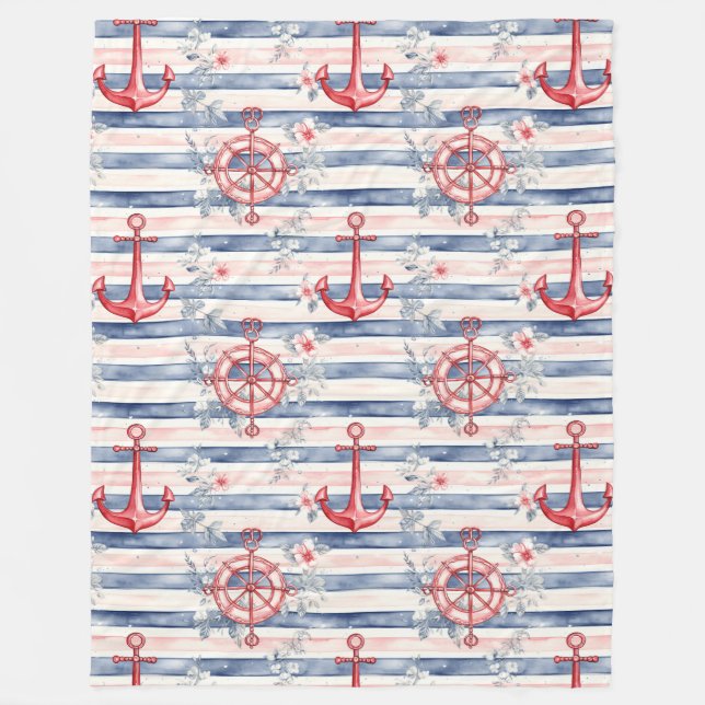 Couverture Polaire Blue Red Anchors Floral Stripes Beach  (Devant)