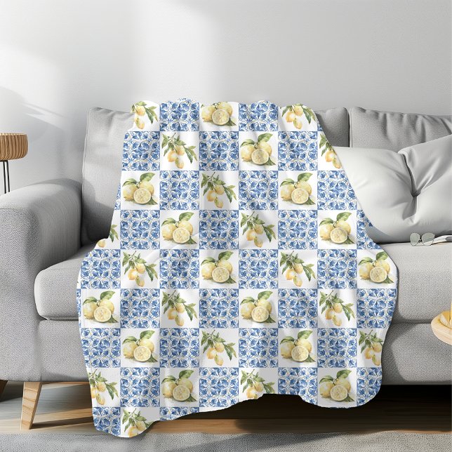 Couverture Polaire Blue Tile French Country Lemon Pattern (Créateur téléchargé)