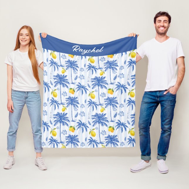 Couverture Polaire Blue Toile Palm Trees Lemons Monogram Name (En situation)