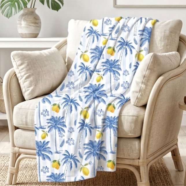 Couverture Polaire Blue Toile Palm Trees Lemons Pattern (Créateur téléchargé)