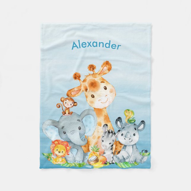 Couverture Polaire Blue Watercolor Cute Safari Jungle Animaux (Devant)