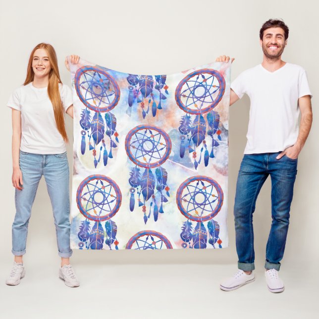Couverture Polaire Blue Watercolor Dreamcatcher Modern Boho (En situation)