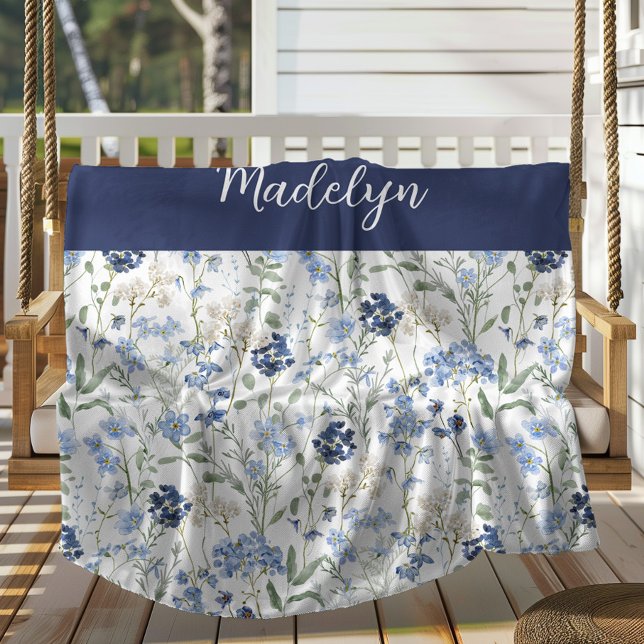 Couverture Polaire Blue Watercolor Wildflower Monogram Name (Créateur téléchargé)
