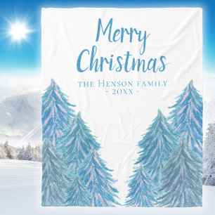 Couverture Polaire Blue Winter Forest Tree Watercolor Flotte de Noël