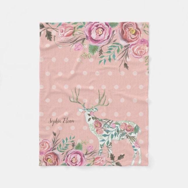 Couverture Polaire BOHO Dusty Pink Floral Deer Antler Baby Girl Name (Devant)