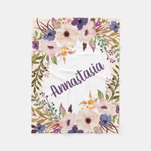 Couverture Polaire Boho fleurs d'aquarelle violette