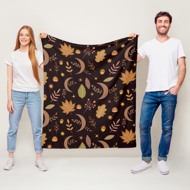 Couverture Polaire Boho Moon avec feuilles d'automne Motif (En situation)
