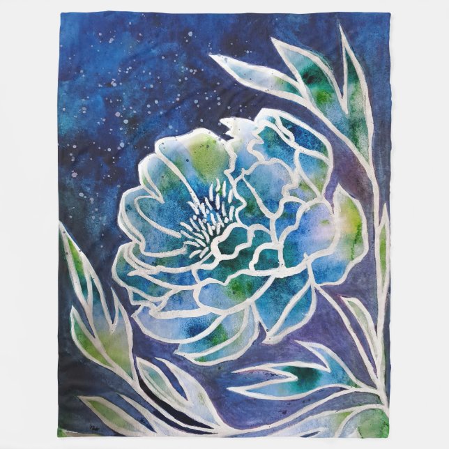 Couverture Polaire Boho Navy bleu céleste Dahlia aquarelle florale (Devant)