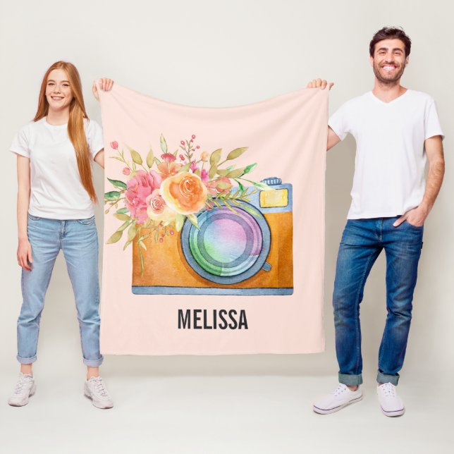 Couverture Polaire Boho Orange Caméra & Bouquet Floral Aquarelle (En situation)
