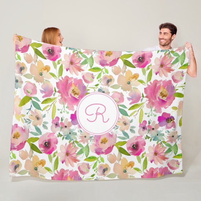 Couverture Polaire Boho Pastel Rose Vert Floral Aquarelle Botanique (En situation)