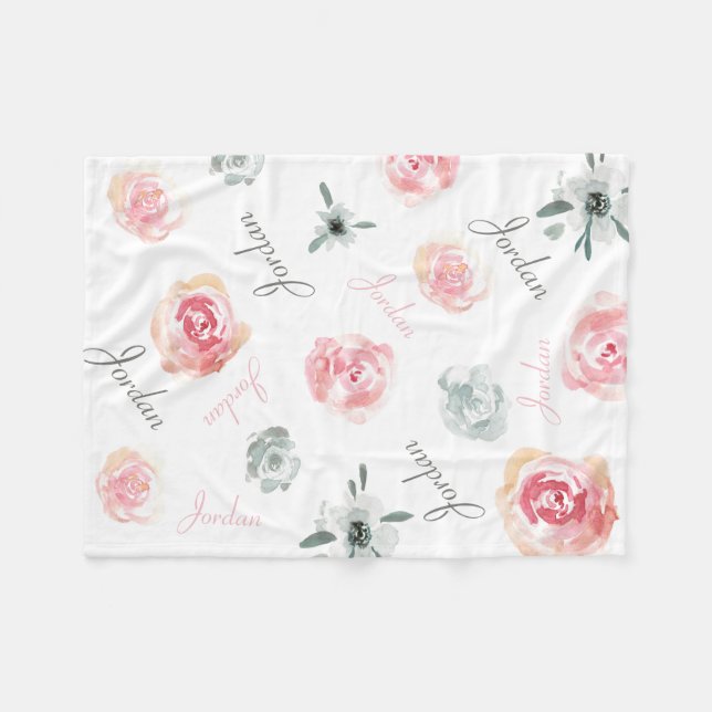 Couverture Polaire Boho personnalisé chic aquarelle fleuri nom bébé (Devant (Horizontal))