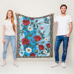 Couverture Polaire Boho Rouge Roses marguerites dentelle Papillons bl