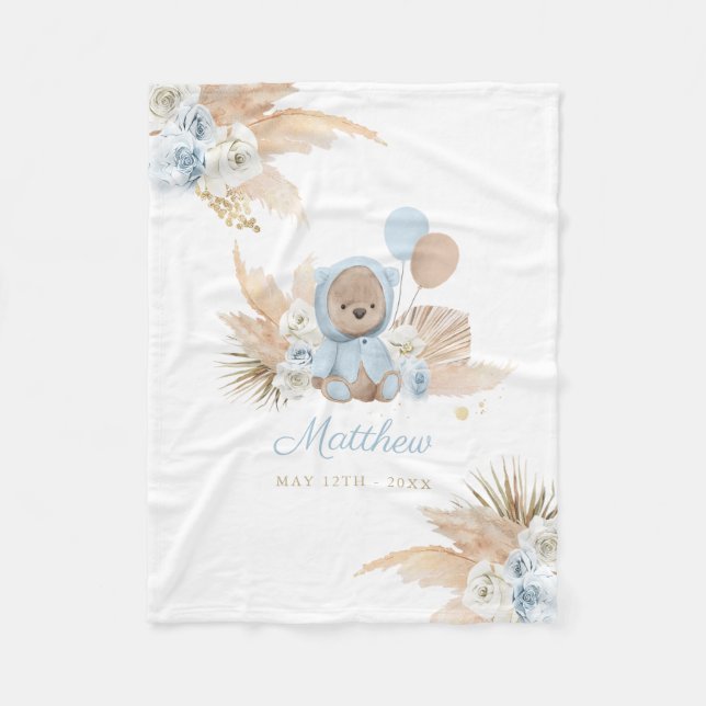 Couverture Polaire Boho Teddy Bear Baby shower Cadeau Garçon Bleu Our (Devant)
