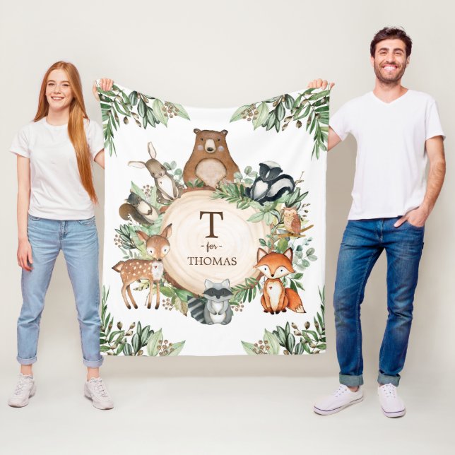 Couverture Polaire Bois Animaux de verdure Nom du monogramme personna (En situation)