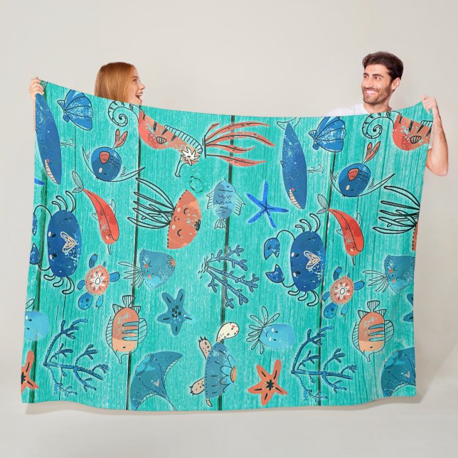 Couverture Polaire Bois Turquoise rustique et sous la mer Amis Whimsi (En situation)