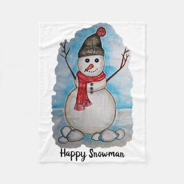 Couverture Polaire Bonhomme de neige magnifique d'aquarelle avec (Devant)