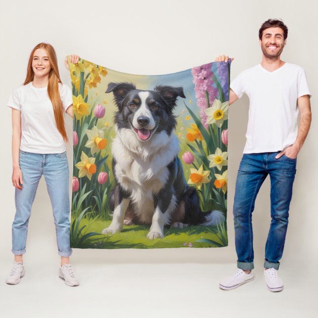 Couverture Polaire Bordure Collie Fleurs de printemps de chien Peintu (En situation)