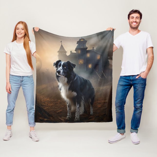Couverture Polaire Bordure Collie Halloween effroi (En situation)