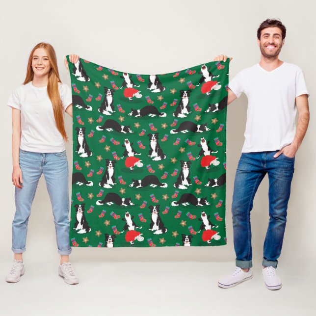 Couverture Polaire Bordure de Noël Collie verte (En situation)