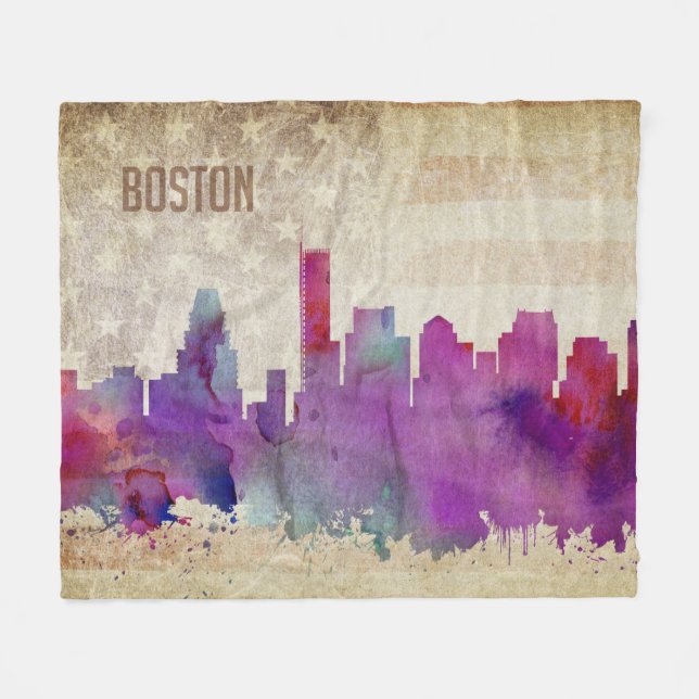 Couverture Polaire Boston, horizon de ville d'aquarelle de mA | (Devant (Horizontal))