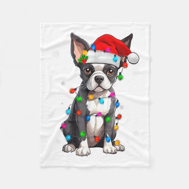 Couverture Polaire Boston Terrier Christmas Santa Hat Tree Lights Paj (Devant)