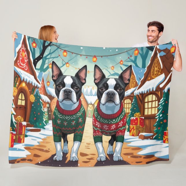 Couverture Polaire Boston Terrier Dogs Christmas Snow Holiday (En situation)
