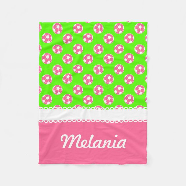 Couverture Polaire Boules de soccer rose et vert Blanche personnalisé (Devant)